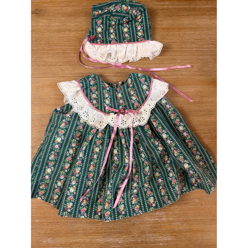 Vintage Handmade Baby Floral Calico Dress and Bonnet Set Green Pink Lace 6-12 Mo